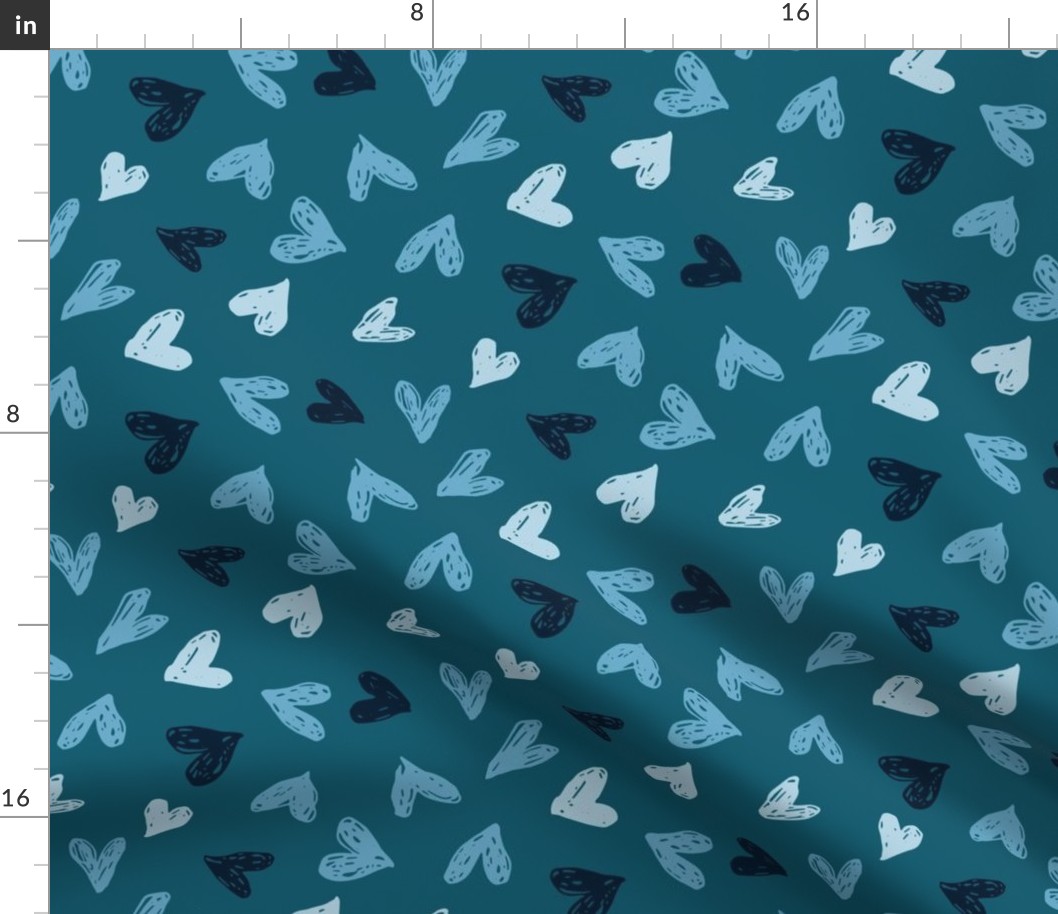 Scribble Hearts Blue Teal Monochrome (large) || valentine love sweetheart lovecore pattern