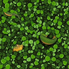 Green snake swimming in watercress, aquatic plant and snake outline colorful pattern