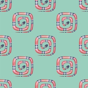 Coral snakes geometric pattern on mint green background