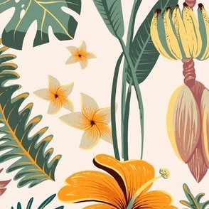 Tropical flowers, fruit and leaves