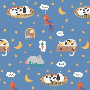 Sleeping Cats, Dogs, Birds, Rabbits and Mice Dreaming of Their Treats on Blue Ground Gender Neutral