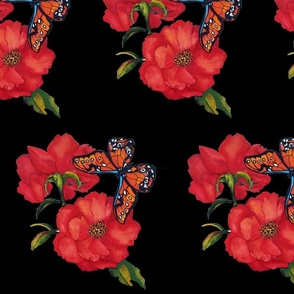 403. Red Blooms and Butterfly on Black Medium