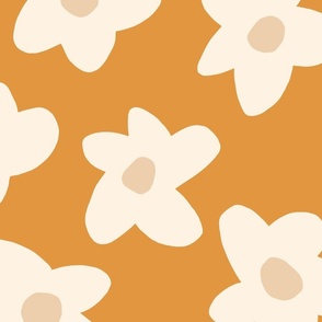 large scale // Graphic retro Flowers Cream on Butterscotch yellow girls wallpaper 