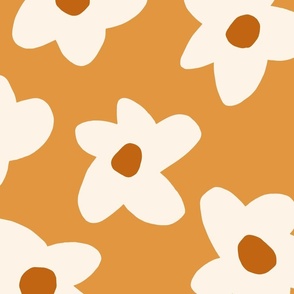 large scale // Graphic retro Flowers Cream on Butterscotch Yellow girls wallpaper 