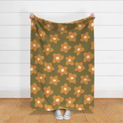 large scale // Graphic retro Flowers Butterscotch yellow on Moss Green girls wallpaper 
