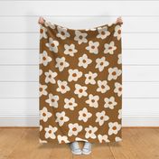 large scale // Graphic retro Flowers Cream on Chocolate Brown girls wallpaper 