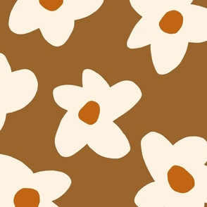 large scale // Graphic retro Flowers Cream on Chocolate Brown girls wallpaper 