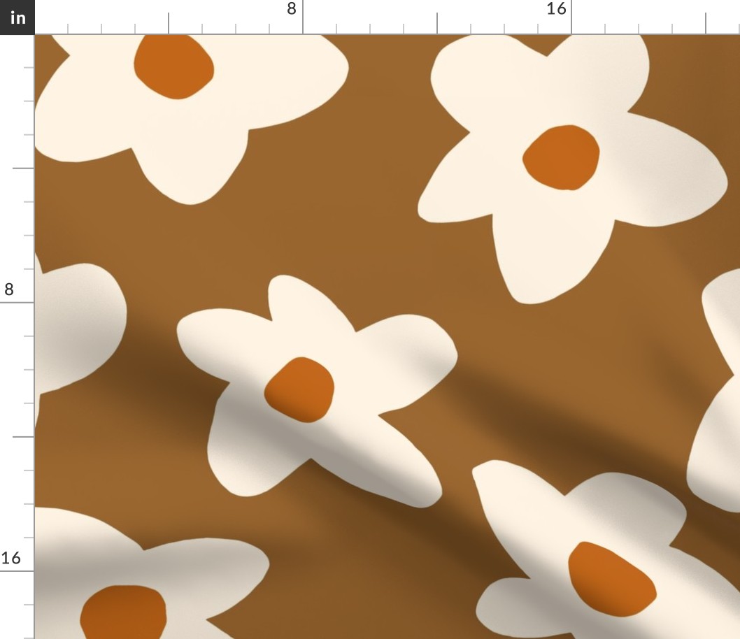 large scale // Graphic retro Flowers Cream on Chocolate Brown girls wallpaper 
