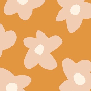 large scale // Graphic retro Flowers Pink on Butterscotch yellow girls wallpaper 