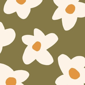 large scale // Graphic retro Flowers Cream on Moss green girls wallpaper