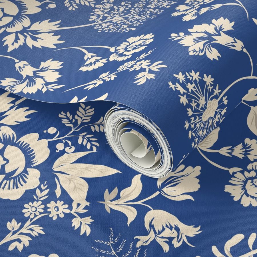 Blue bright with white flowers, blue and Wallpaper | Spoonflower