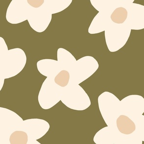 large scale // Graphic retro Flowers Boho Cream on Moss Green
