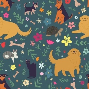 Cats and Dogs Illustrations Floral Green Mix