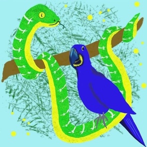 Large  -  Emerald Tree Boa and Blue Hyacinth Macaw  in Their Jungle Playground - Mable Tan X Spoonflower:  Hissterical Snakes