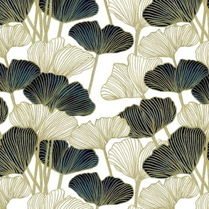 Watercolor Ginkgo Indigo Leaves With Gold Overlay