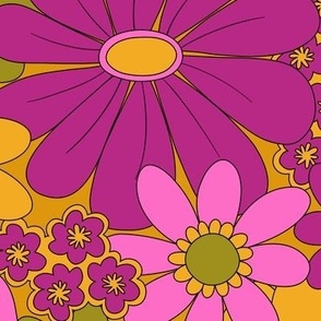 Larger Scale - Retro Pink & Yellow Floral Half-Drop Pattern