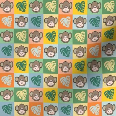 469 $ -  Cheerful Checks - Monkeys and Monstera leaves in the jungle - large scale suitable for bed linen, kids bedroom decor, kids placemats. birthday tablecloth, jungle theme party,