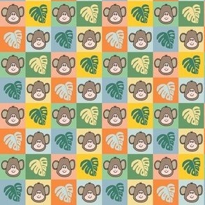469 $ -  Cheerful Checks - Monkeys and Monstera leaves in the jungle - large scale suitable for bed linen, kids bedroom decor, kids placemats. birthday tablecloth, jungle theme party,