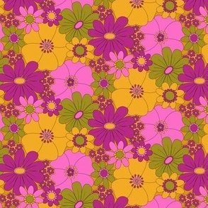 Smaller Scale - Retro Pink & Yellow Floral Half-Drop Pattern