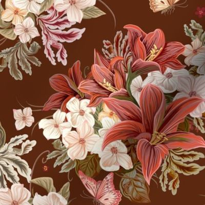 Lilies, Dogwoods and Magnolia on deep rusty red 