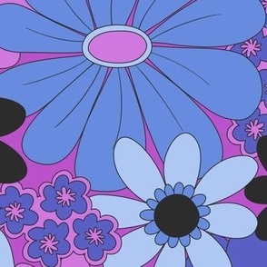 Larger Scale - Retro Pink & Periwinkle Floral Half-Drop Pattern