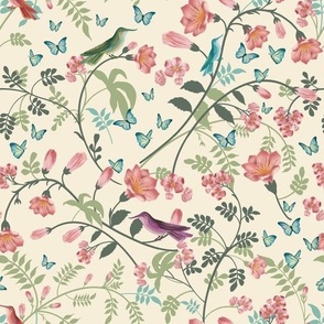 Boho Floral Botanical with birds and nature in pink and muted background 