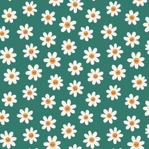 Groovy daisy flowers. Emerald background. Small scale