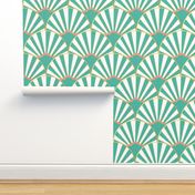 teal and coral deco fan
