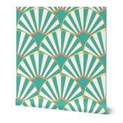 teal and coral deco fan