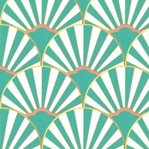 teal and coral deco fan