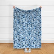 Scandinavian Christmas Damask on Blue Monochrome / Large Scale