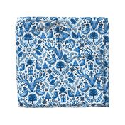 Scandinavian Christmas Damask on Blue Monochrome / Large Scale