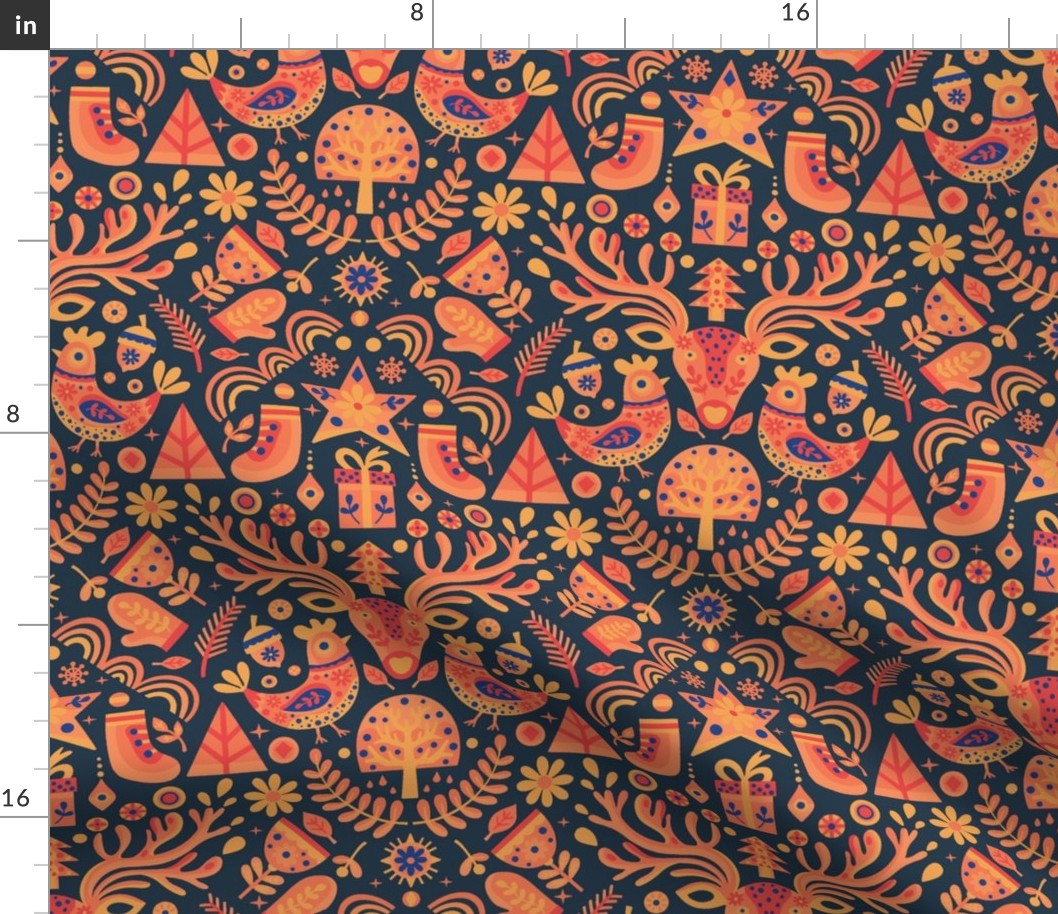 Scandinavian Christmas Damask on Orange Monochrome / Medium Scale