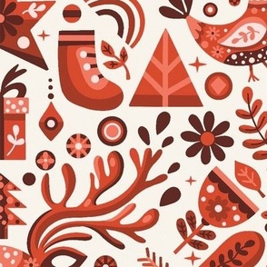Scandinavian Christmas Damask on Red Monochrome / Large Scale