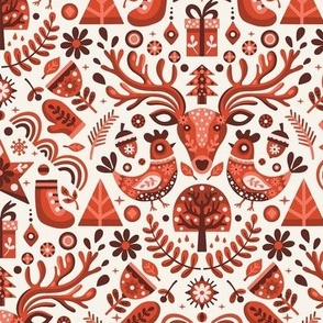 Scandinavian Christmas Damask on Red Monochrome / Small Scale
