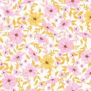 Whimsical painterly leafy floral in pink and mustard