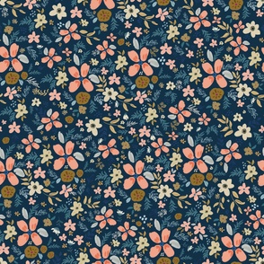 Peach Gold and Blue Florals Navy Back