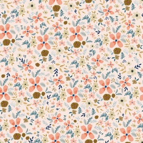 Peach Gold and Blue Florals in Faded Pink
