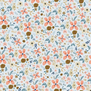 Peach Gold and Blue Florals in Faded Blue