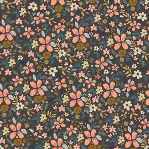 Peach Gold and Blue Florals in Brown