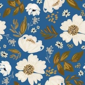 Ivory and Gold Florals in Blue Lagoon