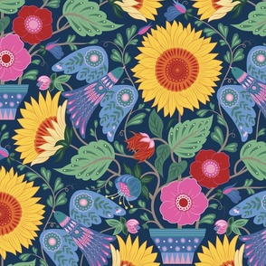 Large // Sunflowers and birds on navy