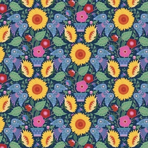 sunflowers and birds navy small scale