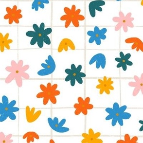 Colorful flowers on white checked pattern