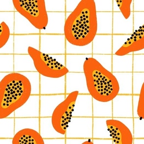 Papayas on white and yellow checked pattern