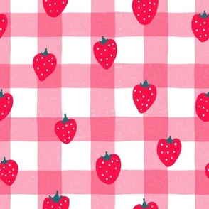 Strawberry on pink gingham checked pattern