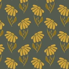 (S) Polka dot - goldenrod yellow big flowers with texture, olive green leaves with outline on charcoal grey