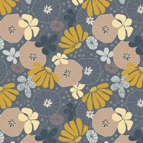 (S) hand-drawn flowers in dark grey, vanilla white, charcoal gray, sand brown, goldenrod yellow on ash grey