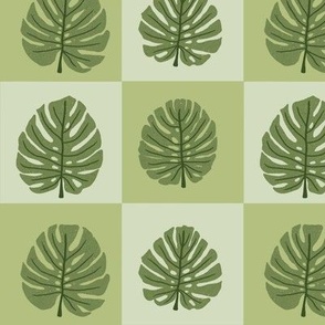 x Monstera Leaf  Check || Green Leaves on Green Check || Outdoor Oasis  Collection by Sarah Price