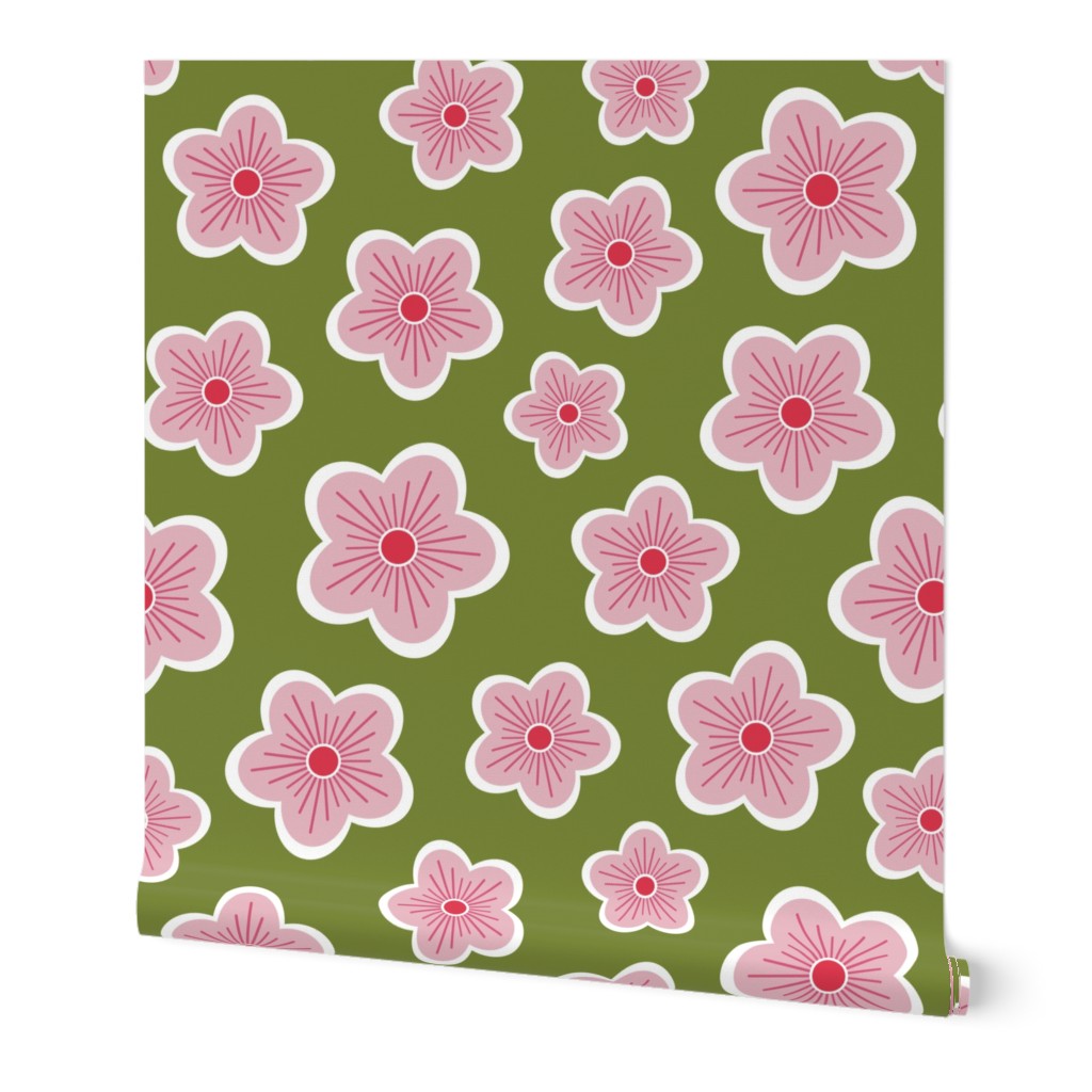 Blossoms pink on moss green jumbo